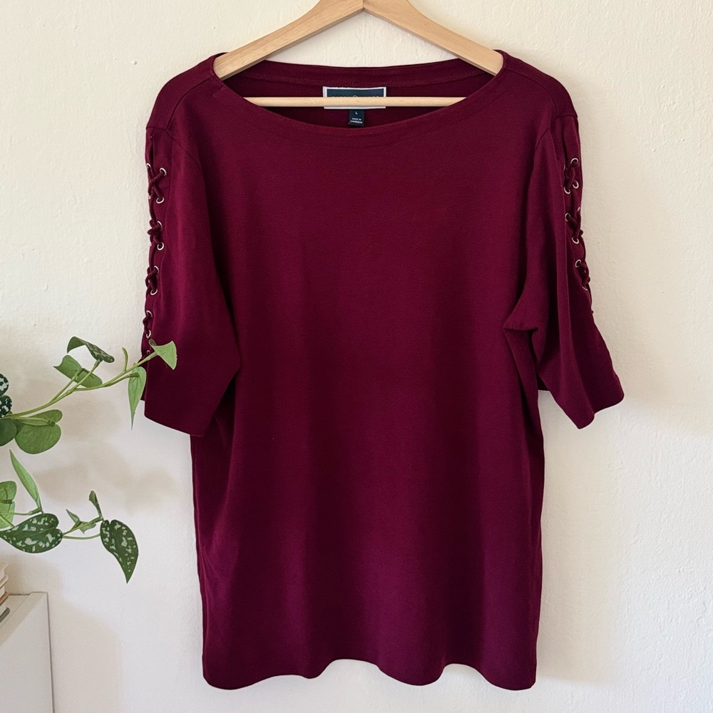 Karen Scott Burgundy 3/4 Sleeve Top with Lace-Up Details - Size L